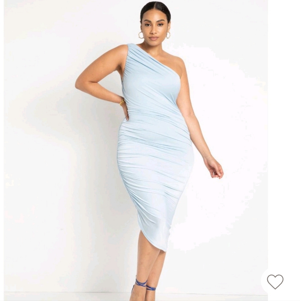 Eloquii Light Blue One-Shoulder Ruched Midi Dress